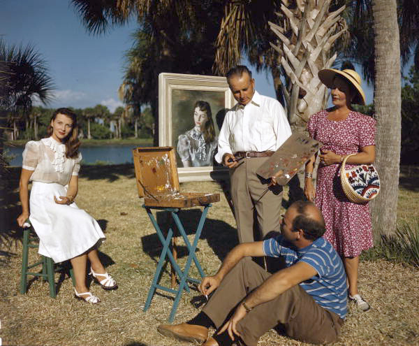 Jerry Farnsworth painting a portrait of Mrs. Ben Stahl in Sarasota, Florida.