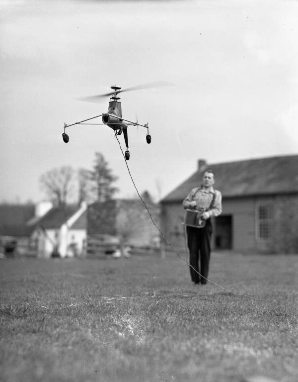Model helicopter being controlled by its creator Arthur M. Young in Paoli, Pennsylvania.