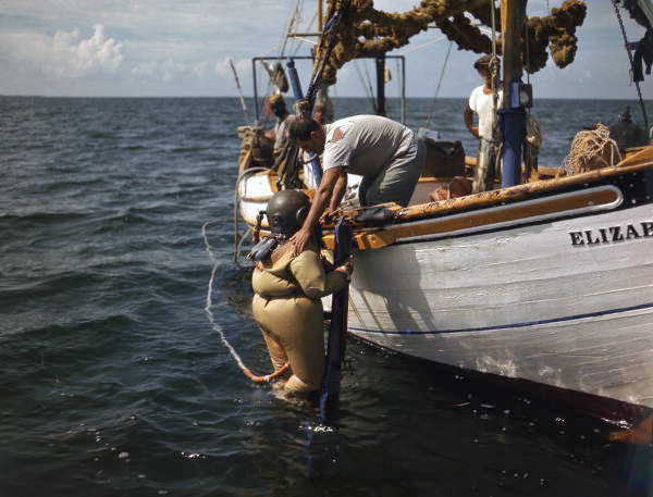 Sponge diver entering the water near Tarpon Springs, Florida.