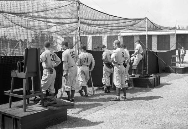 View showing players at the Brooklyn Dodgers training camp in Vero Beach, Florida.