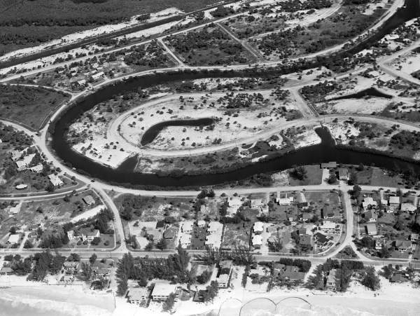 Aerial view looking northeast over a section of Siesta Key and Palm Island in Sarasota County, Florida.