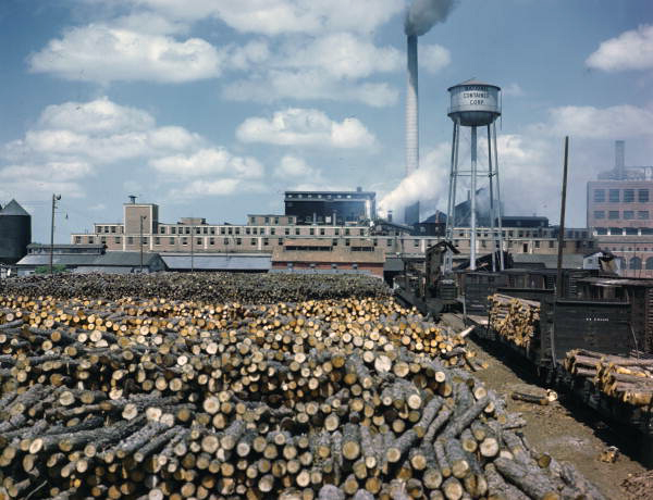 View of the National Container Corporation mill near the railroad tracks in Jacksonville, Florida.