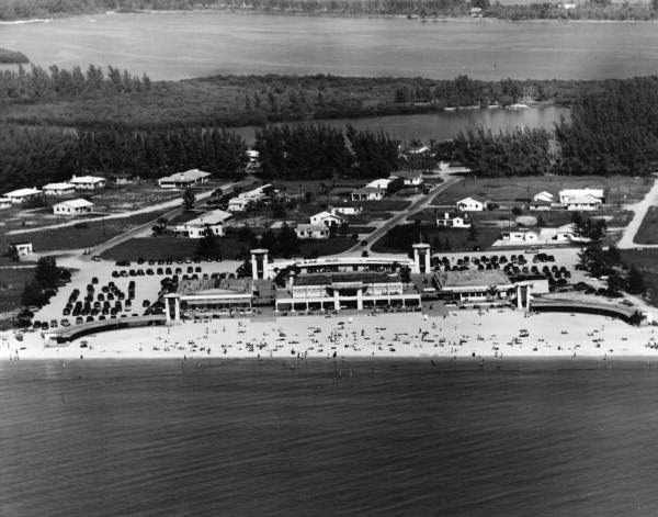 Aerial view showing the municipal casino on Lido Beach at Sarasota, Florida.