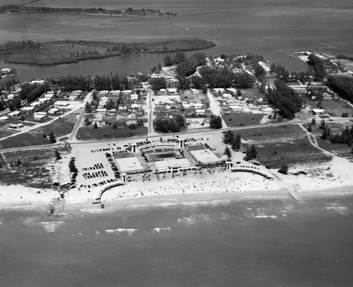 Aerial view showing the municipal casino on Lido Beach at Sarasota, Florida.