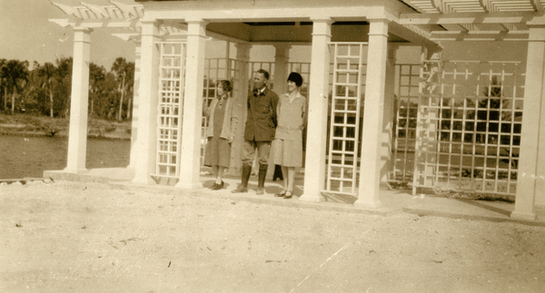 Portrait of Koreshans under a shelter at Everglades City, Florida.