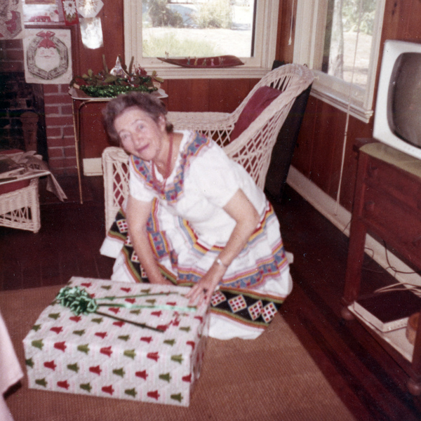 Koreshan Unity president Hedwig Michel with present on Christmas day.