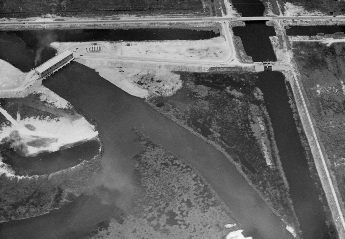 Aerial view overlooking hydraulic structures in the CSF Flood Control District at Twentymile Bend.