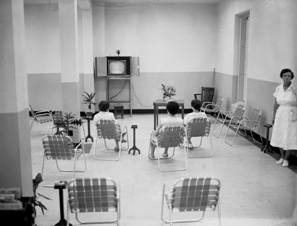 Patients watching television in a ward building at the Florida State Hospital in Chattahoochee, Florida.