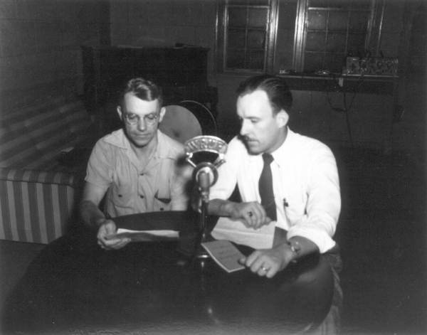 Radio speakers during a broadcast