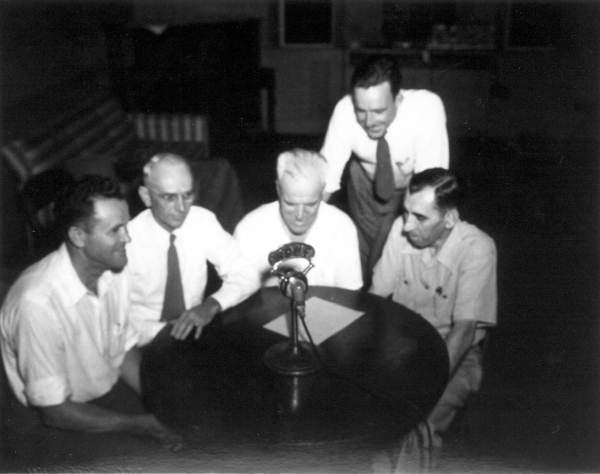 Radio speakers during a broadcast