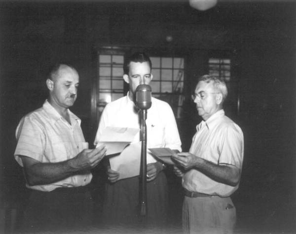Radio speakers during a broadcast