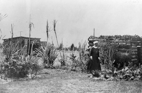 Deaconess Bedell in her backyard