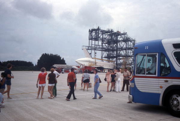View showing tourists at the Kennedy Space Center on Merritt Island near Titusville, Florida.