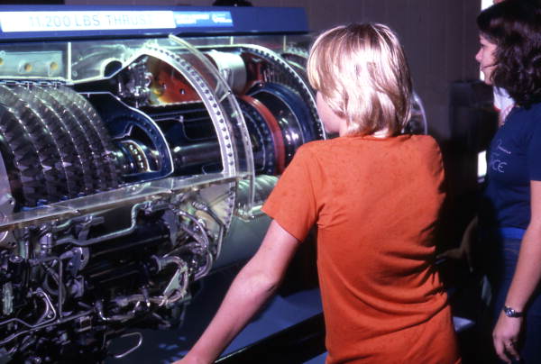 Visitors viewing a Pratt & Whitney rocket engine at the Kennedy Space Center on Merritt Island near Titusville, Florida.