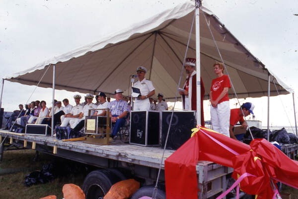 U.S. Navy officer delivering a speech at the SeaFest seafood festival in Port Canaveral, Florida.