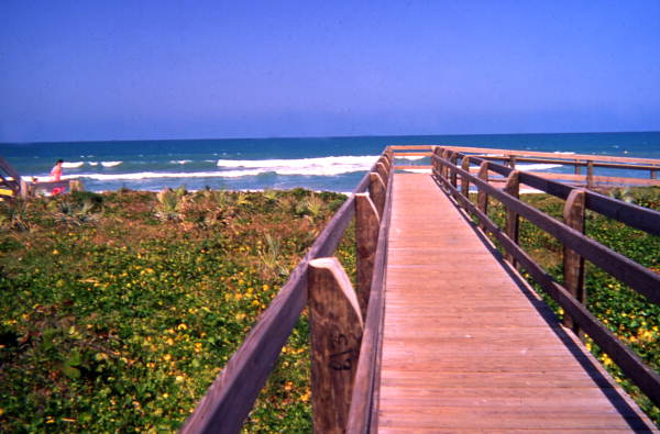 View showing boardwalk at the Canaveral National Seashore beach in Brevard County near Titusville, Florida.