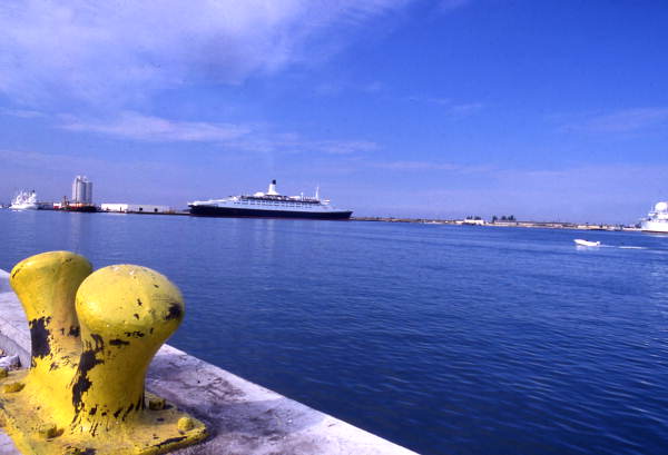 View looking at the Queen Elizabeth 2 ocean liner moored at Port Canaveral, Florida.