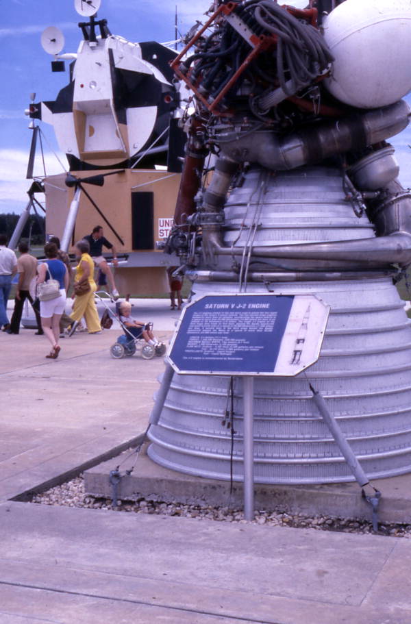 Close-up view showing the Saturn V J-2 engine in the Kennedy Space Center rocket garden on Merritt Island near Titusville, Florida.