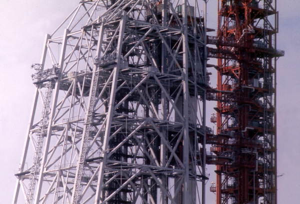 Close-up view of gantry and rocket at Cape Kennedy on Merritt Island near Titusville, Florida.
