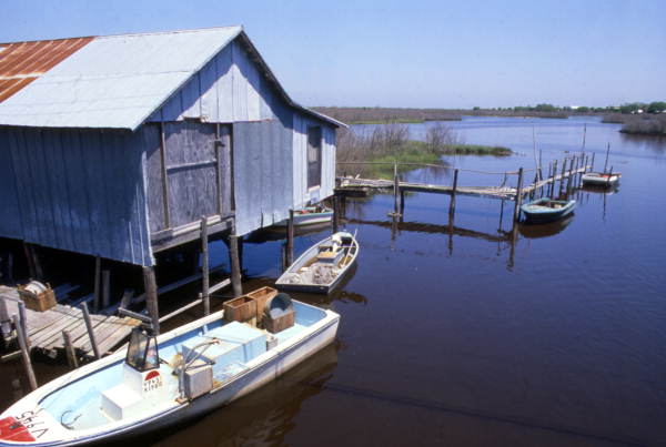 Close-up view of a boathouse in Cedar Key, Florida.