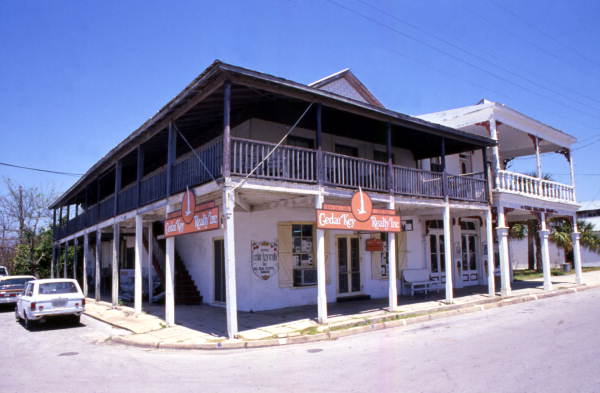 View of historic buildings on the north side of 2nd St. at the corner of C St. in Cedar Key, Florida.