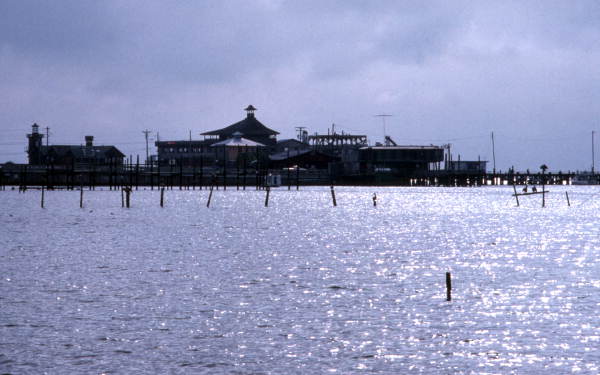 View looking east toward the waterfront along Dock St. in Cedar Key, Florida.