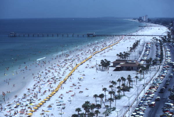 Aerial view overlooking beach at Clearwater Beach, Florida.
