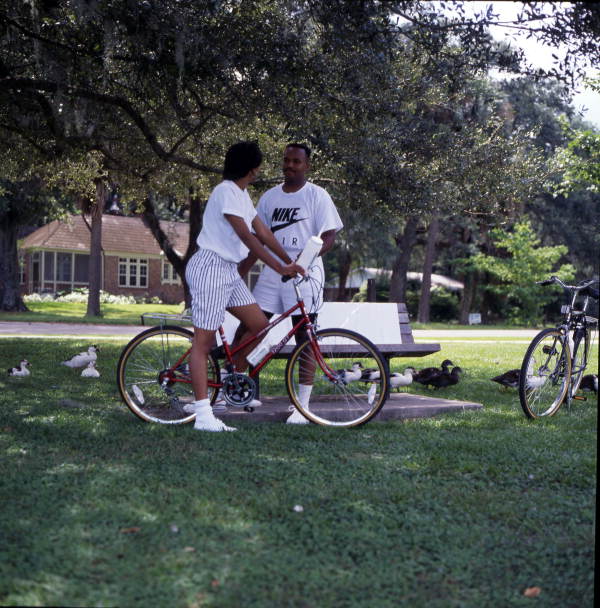 Couple with their bicycles in Tallahassee, Florida.