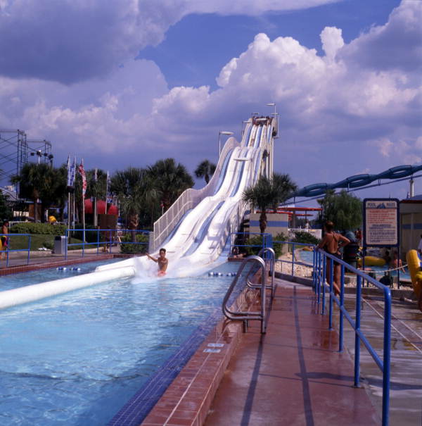 View showing water slide at the Wet 'n Wild theme park in Orlando, Florida.