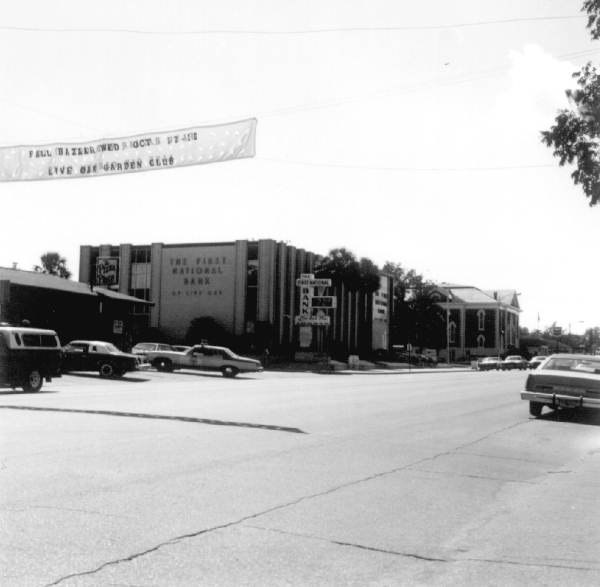 The First National Bank of Live Oak beneath banner for bazaar