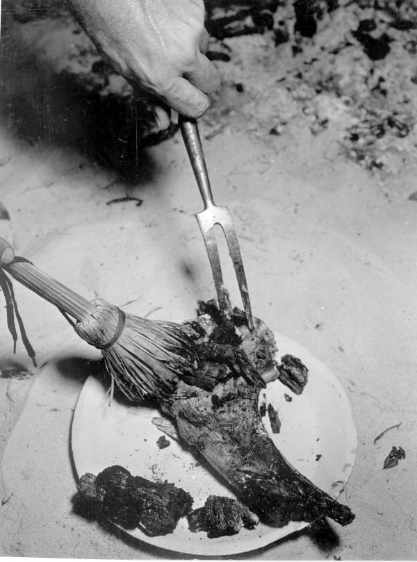 Brushing charcoal off the steak with witch-hazel brush- Thonotosassa, Florida /