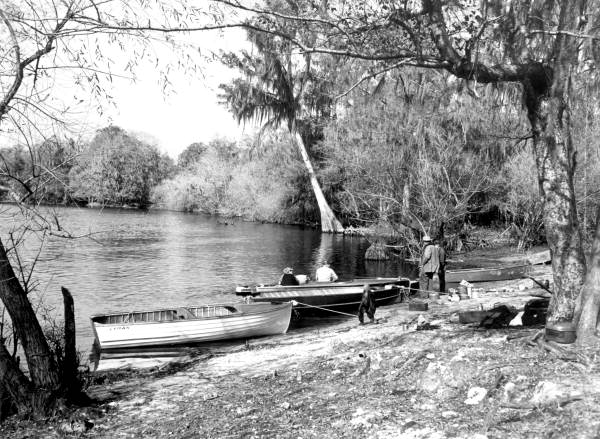 Boating on the shore at the Suwannee River .