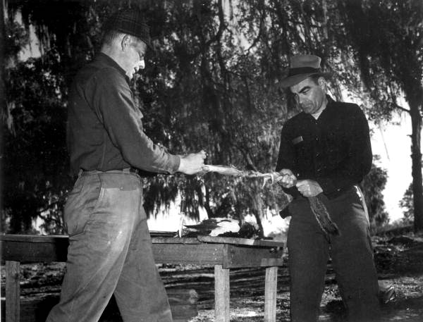 Wyatt Blassingame and Von Walker skinning a squirrel .
