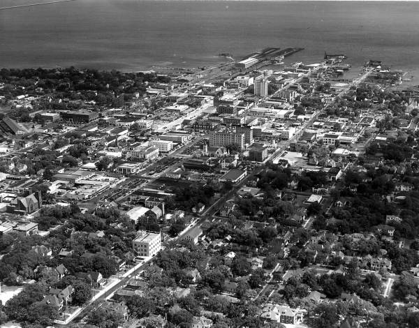 Aerial view with the Pensacola Bay in background - Pensacola, Florida.