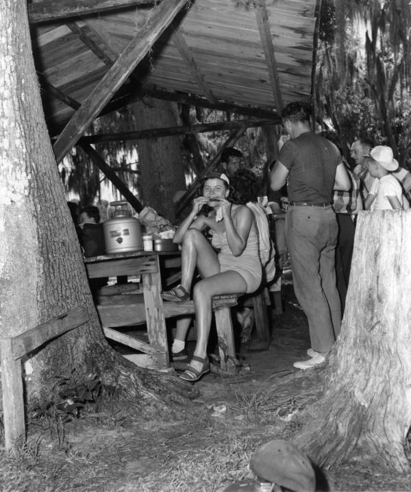 Club members having a picnic on their Oklawaha River trip to Leesburg- Jacksonville, Florida