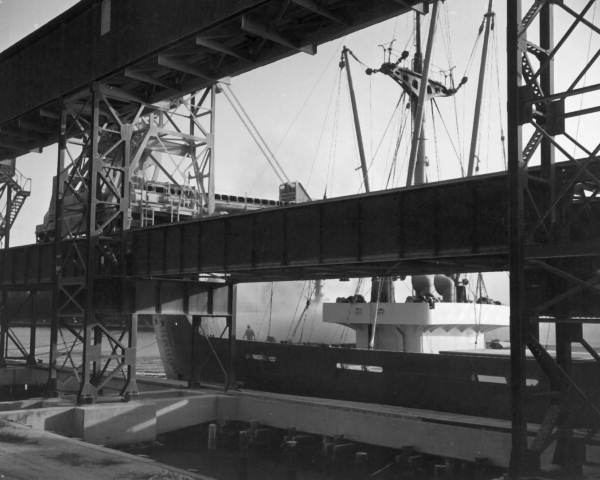 Ship docked at loading elevator..
