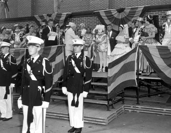 Governor LeRoy Collins, de Luna and his queen participate in the Fiesta of Five Flags - Pensacola, Florida.