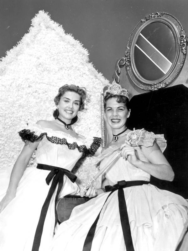 Miss America Marian McKnight and Bee Mueller, 1957 queen of the Florida Products Festival - Cypress Gardens, Florida.