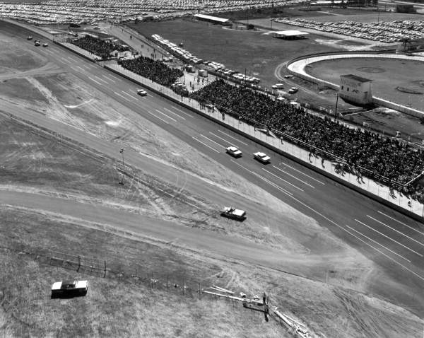Aerial view of an automobile race at the Speedway - Daytona Beach, Florida