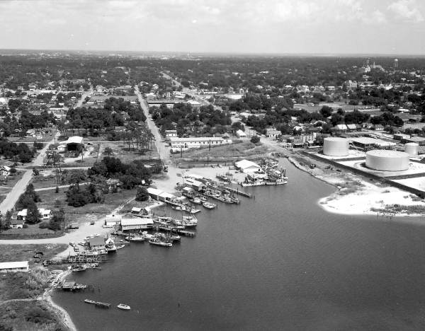 Aerial view showing boat docks - Pensacola, Florida.