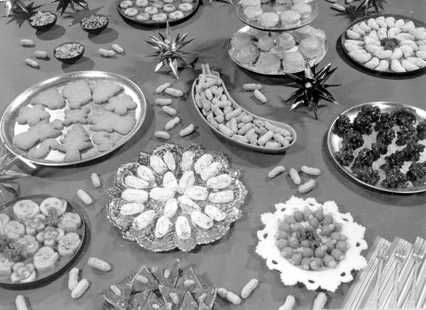 Dishes of peanuts, cakes, cookies and candies for Christmas - Tallahassee, Florida