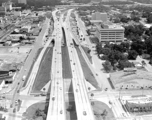 Aerial view of I-4 in downtown Orlando, Florida.