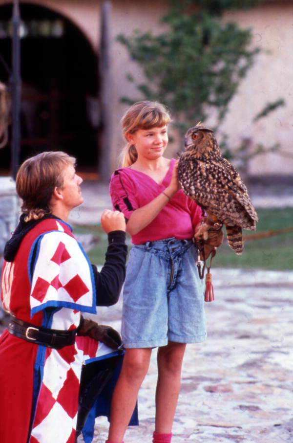 Visitor with a bird of prey at the Medieval Life attraction in Kissimmee, Florida.