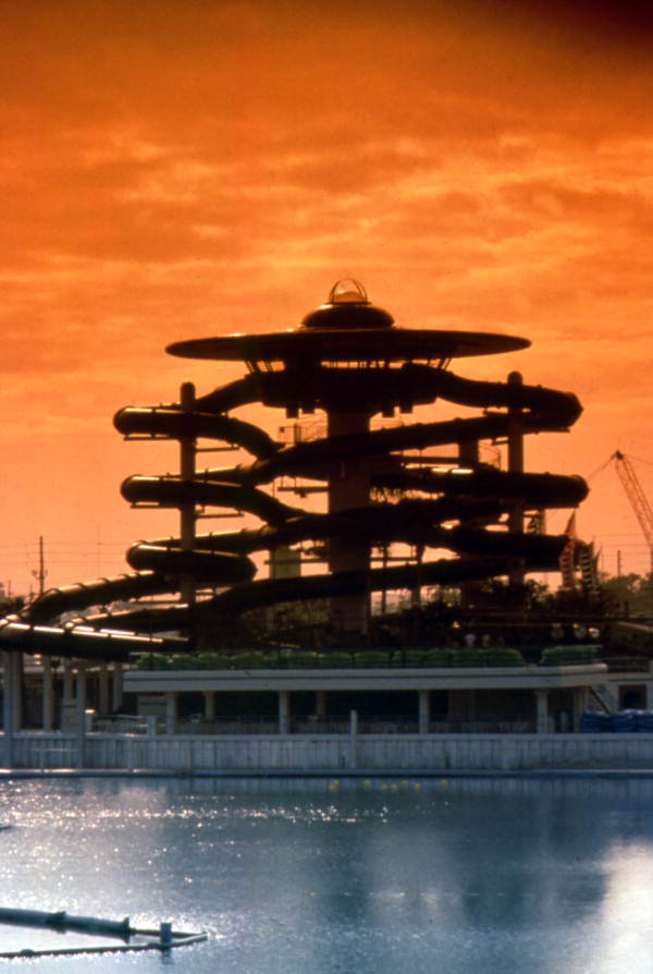 View showing a water slide at the Wet 'n Wild theme park in Orlando, Florida.