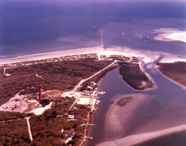 Aerial view looking east over the Ponce de Leon Inlet near New Smyrna Beach, Florida.