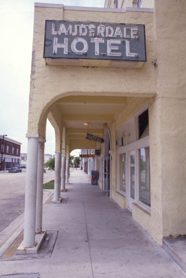 Close-up view showing the entrance to the Lauderdale Hotel on SW 1st Ave. in Ft. Lauderdale, Florida.