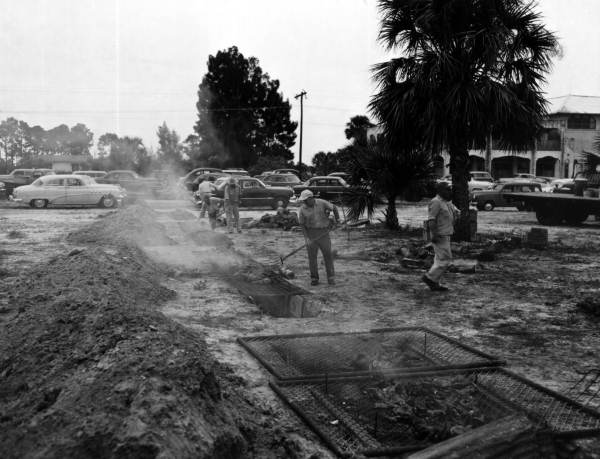 Men preparing for barbecue beside a parking lot - Kissimmee River, Florida