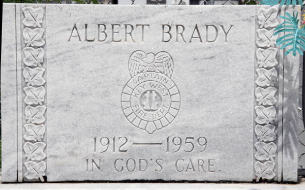 Headstone for former KWFD Captain Albert Brady in the Key West Cemetery.