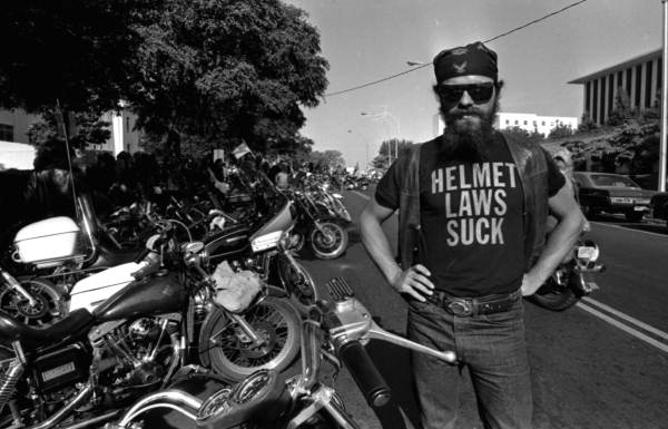 Motorcyclist letting his shirt do the talking during a demonstration in Tallahassee, Florida.