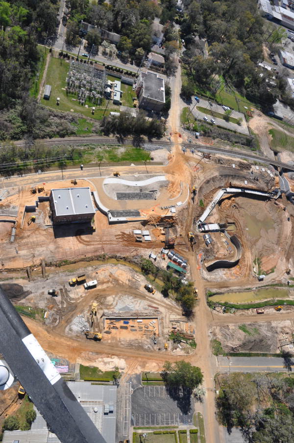 Aerial view looking south over construction at Centennial Field at Cascades Park in Tallahassee, Florida.